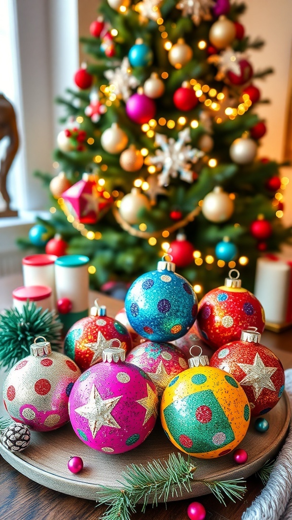 Colorful 80s-inspired Christmas ornaments made with paint and glitter on a festive table.